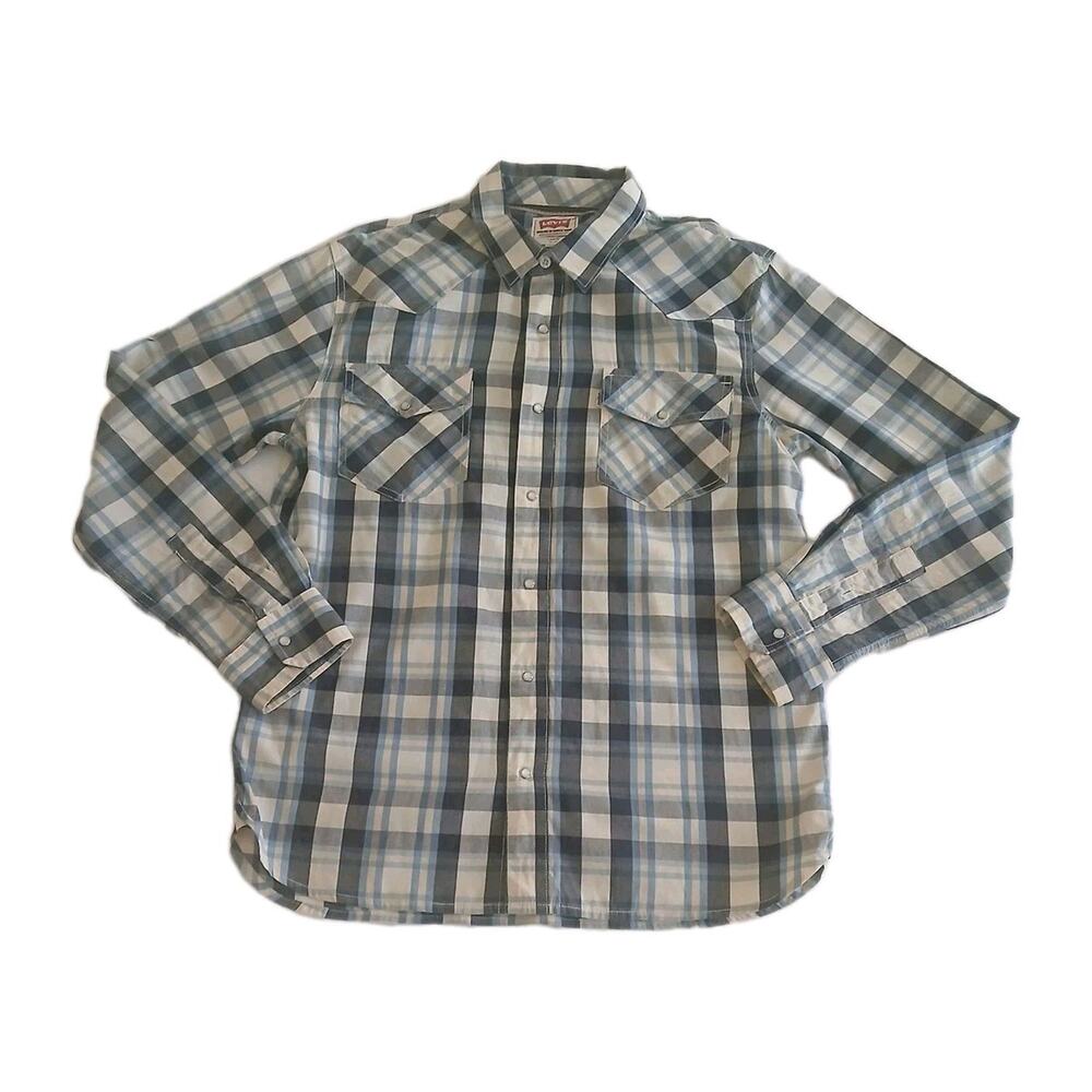 Levi's Mens L Blue Plaid Pearl Snap Western Cowboy Rodeo Shirt Long Sleeve Top
